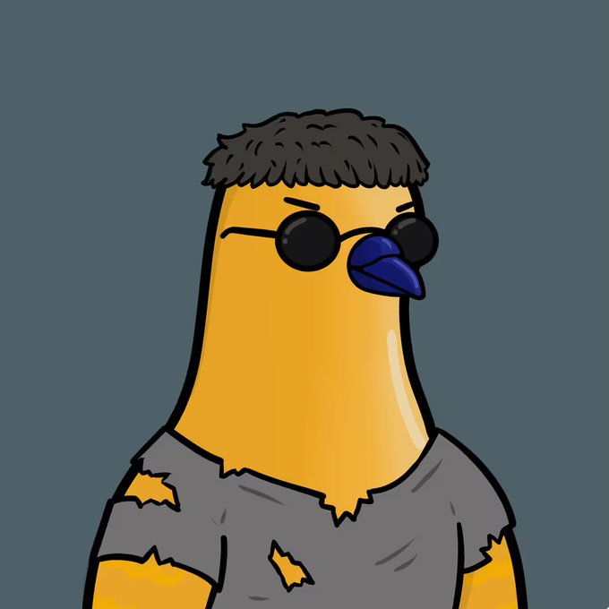 A cartoon illustration of a yellow bird character wearing round black sunglasses and a tattered gray shirt.