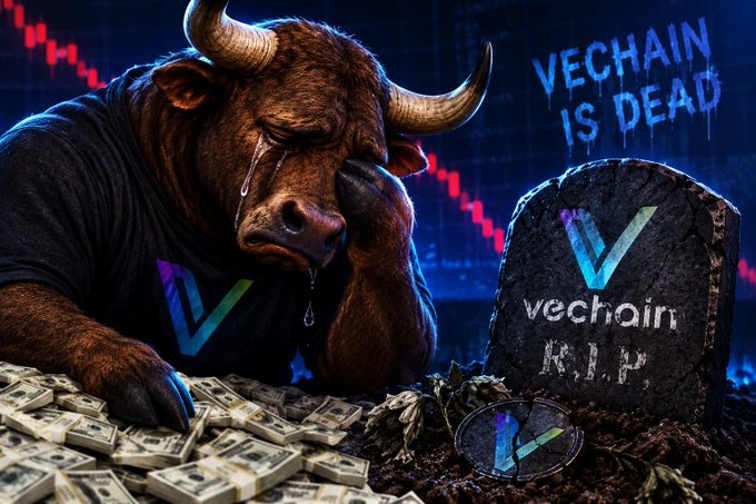 A dramatic digital artwork depicting a crying bull wearing a VeChain shirt, surrounded by stacks of cash and a gravestone reading 'vechain R.I.P.' with the text 'VECHAIN IS DEAD' above.