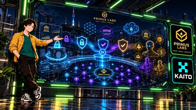 An anime-style young man stands beside a large digital display showing 'PRIMUS LABS' and 'KAITO' logos along with zkFHE and blockchain security graphics against a cityscape backdrop.