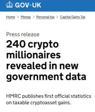A GOV.UK press release headline reading '240 crypto millionaires revealed in new government data,' with subtext stating 'HMRC publishes first official statistics on taxable cryptoasset gains.'