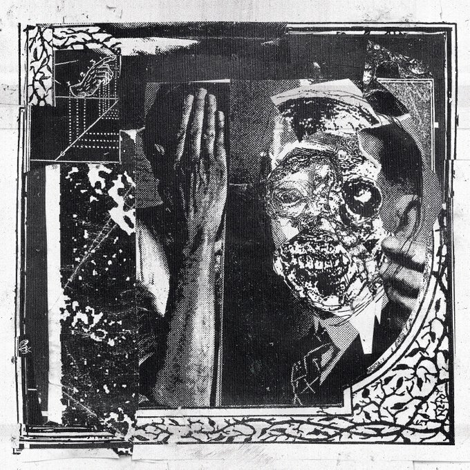 A high-contrast black and white collage or print features a grotesque, decayed face with an exposed jaw on the right, alongside a raised hand and abstract textured patterns on the left.