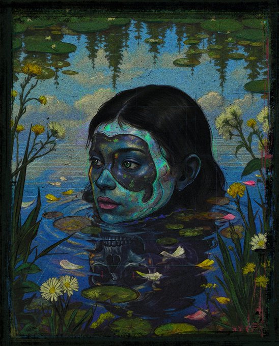 Surreal artwork of a young girl's face partially submerged in a pond filled with lily pads and flowers, with a painted, mask-like texture on her skin.