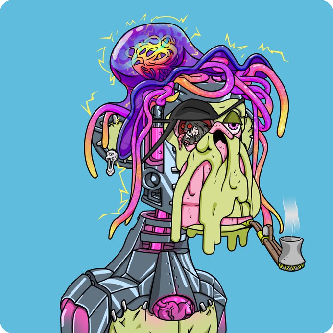 A colorful cartoon illustration of a grotesque, monstrous character with a jellyfish-like head, sharp teeth, and pink/purple tentacles, smoking a pipe and emerging from a metallic robotic base against a blue background.