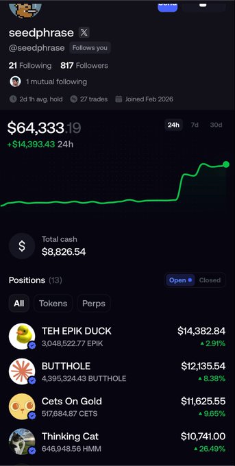 A mobile trading app screenshot for user 'seedphrase' (@seedphrase) displays a portfolio value of $64,333.19 and holdings including TEH EPIK DUCK, BUTTHOLE, Cets On Gold, and Thinking Cat.
