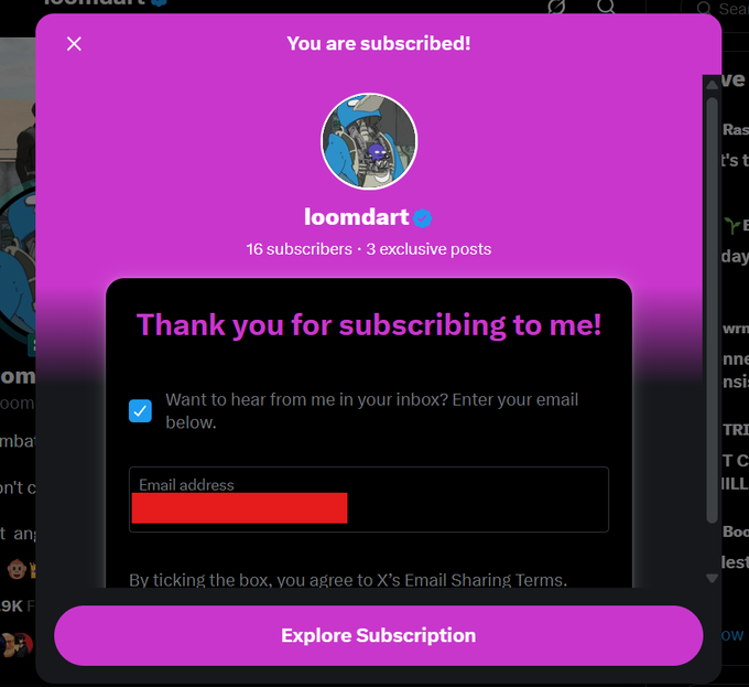 A purple subscription confirmation modal for the Twitter/X account 'loomart,' showing 16 subscribers and 3 exclusive posts. The interface asks for an email address to receive inbox updates, with the email field censored in red.