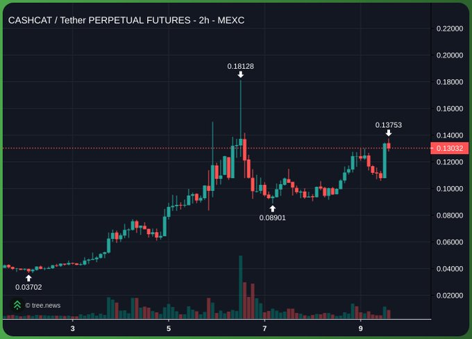 A candlestick chart of CASHCAT/USDT perpetual futures on MEXC shows the token surging from a low of $0.03702 to a recent high of $0.13753, with a notable peak of $0.18128, currently trading around $0.13032—highlighting the rapid price momentum that aligns with the post's claim of CASHCAT gaining traction on Robinhood.