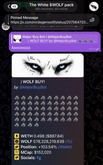 A screenshot of a Telegram chat titled 'The White $WOLF pack' showing a 'Major Buy Bot' message with the text '| WOLF BUY!' and details including 'WETH 0.498 ($887.84)', 'WOLF 578,328,219.839', and 'MCap: $152,020', alongside an image of wolf eyes.