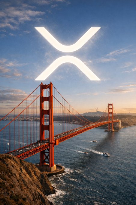The image shows the iconic Golden Gate Bridge in San Francisco with the Ripple (XRP) logo superimposed in the sky above it, symbolizing the company's growing prominence in the financial sector. The accompanying post suggests Ripple is positioning $XRP as a bridge currency alongside major financial giants like Mastercard, Visa, and BlackRock.