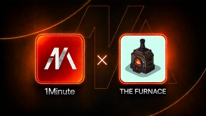 A promotional graphic displays two glowing app icons, "1Minute" and "THE FURNACE," separated by a multiplication sign on a dark background.