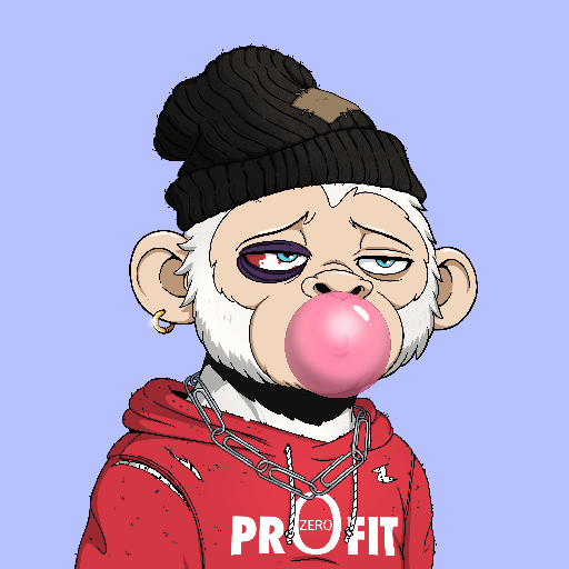 A digital illustration of a bored-looking monkey NFT (Bored Ape style) wearing a black beanie, gold earring, and red hoodie, blowing a pink bubblegum bubble with 'PROFIT' written on its chest.