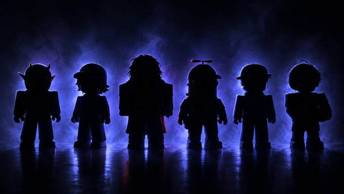 Six silhouetted action figure toys standing in a row against a dramatic purple, smoky background.