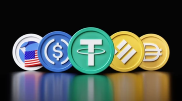 A stylized arrangement of five coin-like tokens featuring symbols for various stablecoins—including the US dollar flag, USD, Tether (₮), Solana, and a Bitcoin-like "₿"—symbolizes the competitive landscape of the stablecoin market. The image visually represents the post's point that smaller European-issued dollar stablecoins pale in comparison to established giants like Tether.