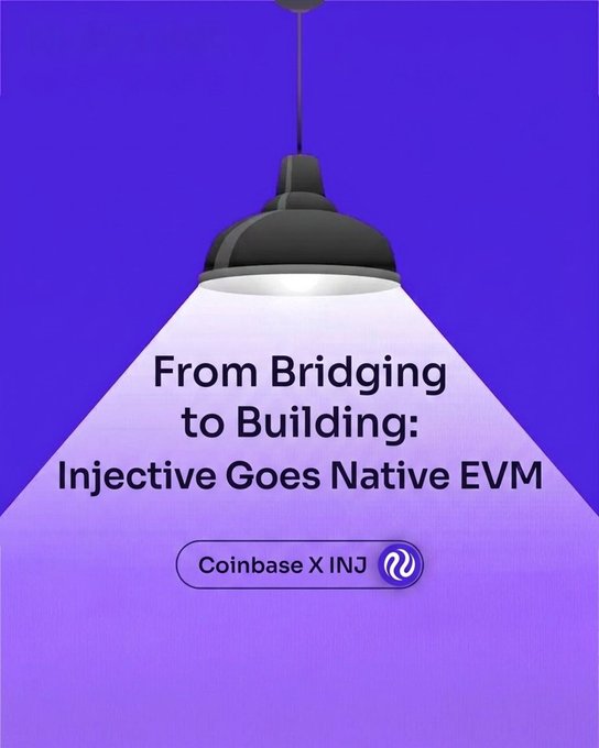 The image features a purple background with white text that reads "From Bridging to Building: Injective Goes Native EVM". The text is centered against a light blue background, making it stand out prominently. Below this title, there's an image of a black lamp and a lightbulb, which are both turned on. This image suggests the post might be about the evolution or transition from traditional bridge-building methods to more modern, native approaches in the context of EVM development.