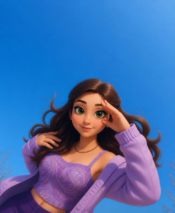 A 3D-rendered animated-style illustration of a young woman with long brown wavy hair and green eyes, wearing a purple patterned crop top and lavender cardigan against a clear blue sky.