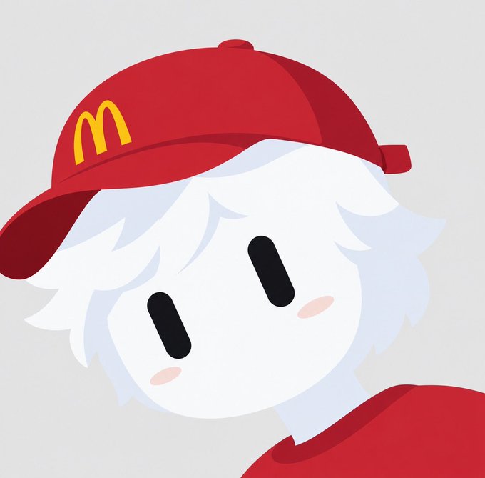 A minimalist digital illustration of a white-haired character wearing a red cap with the golden 'M' McDonald's logo, with a simple face consisting of two black oval eyes and pink cheek blushes.