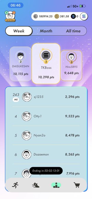 A fitness app leaderboard screen showing weekly rankings, with TKBoss in 1st place at 10,298 pts, the user 'ME' at rank 243 with 2,296 pts, and a timer showing 'Ending in: 5D:02:13:01'.