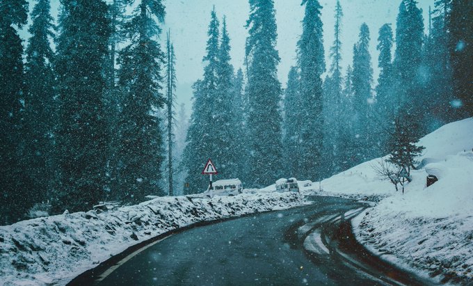 A scenic winter landscape showing a winding road through tall pine trees covered in snow, with vehicles passing under a triangular road sign while snowflakes fall.
