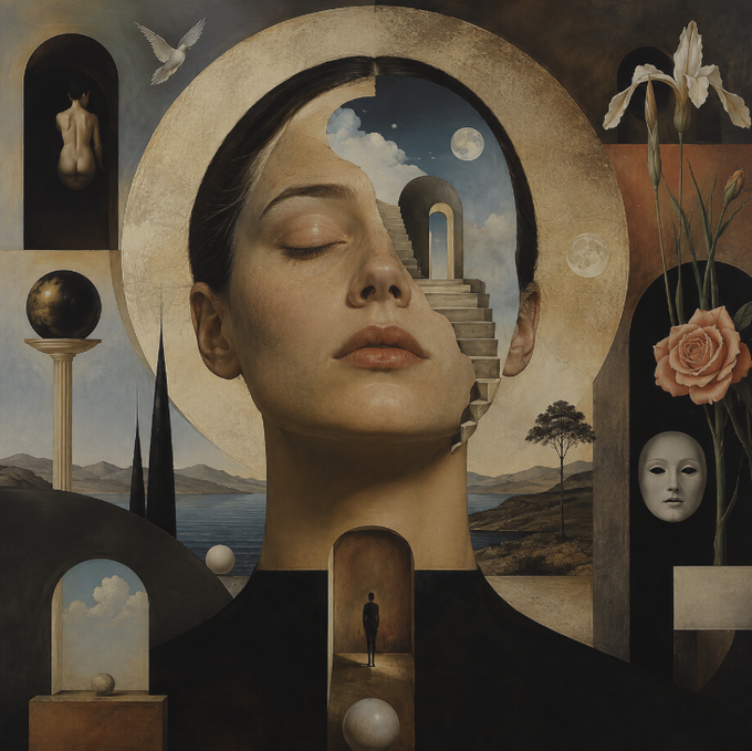 A surreal artistic illustration features a serene woman with closed eyes, framed by a golden halo containing a staircase and moon, surrounded by symbolic elements like a dove, a rose, a mask, and a distant figure.
