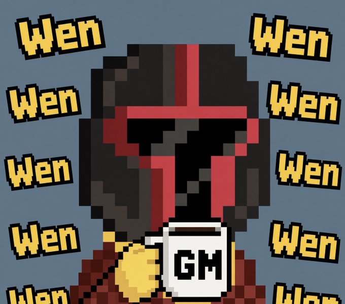 A pixel-art character with a red hood and a “GM” token is surrounded by repeated yellow “Wen” text on a blue-gray background.