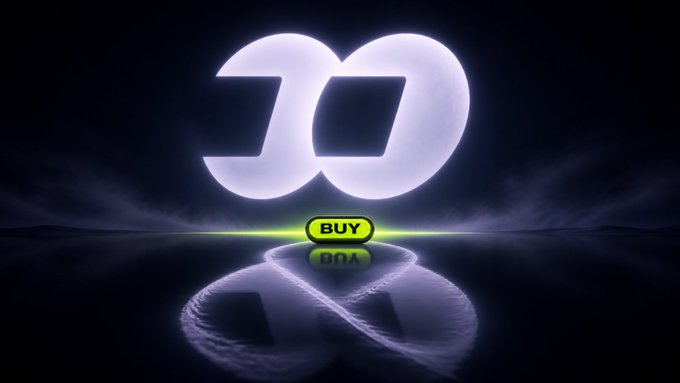 The same glowing infinity symbol and 'BUY' button scene as the previous image, mirrored on a dark reflective surface.