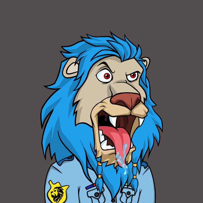 An illustrated cartoon character depicts an anthropomorphic lion with bright blue mane and beard, red eyes, and a drooling tongue, wearing a light blue jacket with a lion patch.