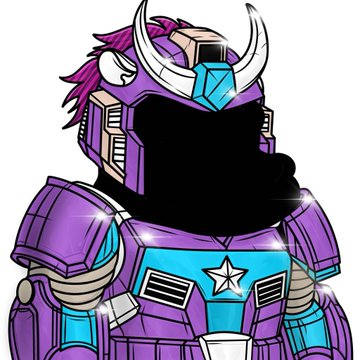 A cartoon illustration of a purple and teal robot/samurai character with horns, featuring a star emblem on its chest and a blacked-out face area.