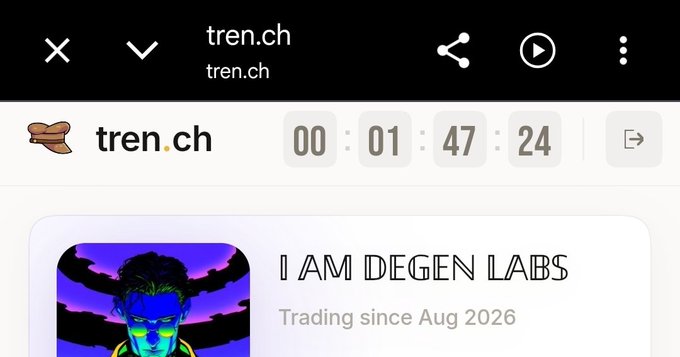 A mobile web browser shows the tren.ch website with a countdown timer of 00:01:47:24 and a banner reading 'I AM DEGEN LABS - Trading since Aug 2026' with a stylized character illustration.