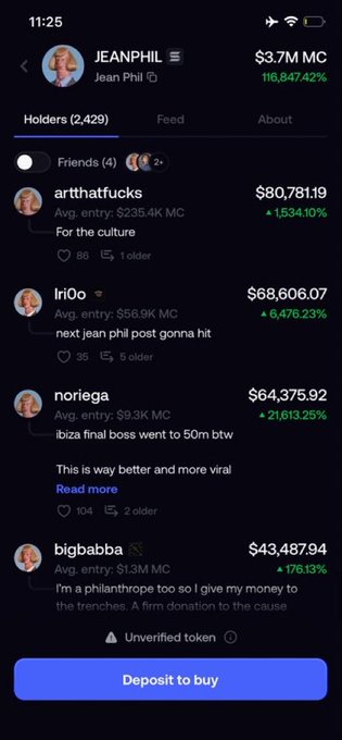 A mobile app screenshot showing a trading interface for 'JEANPHIL' with a market cap of $3.7M, displaying a feed of holders and their entry prices and profits.