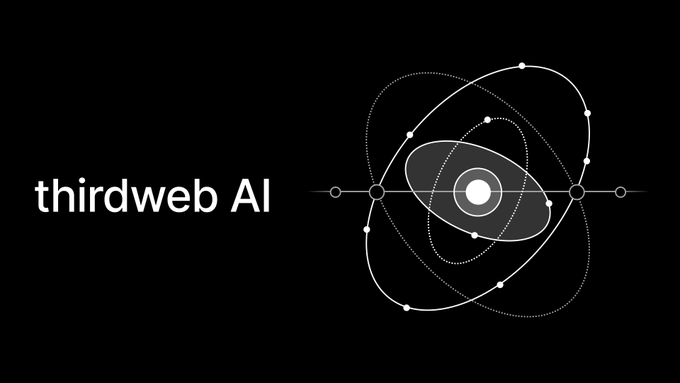 The image features a black background with white text that reads "thirdweb' AI" at the top, followed by an illustration of a globe surrounded by dots. The caption below the image provides information about the AI agent's capabilities, such as accessing blockchain data through the thirdweb' API and analyzing transactions or deploying contracts on the OpenAI-compatible chat platform.