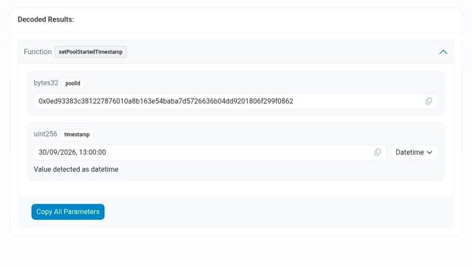 A screenshot of decoded blockchain transaction data showing a 'setPoolStartedTimestamp' function call with pool ID and a timestamp value of 30/09/2026, 13:00:00.