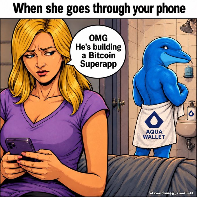 A comic-style meme shows a woman looking shocked while reading her phone, with a speech bubble reading "OMG He's building a Bitcoin Superapp," as a muscular blue dinosaur wearing an "AQUA WALLET" towel stands in the bathroom. The "IYKYK" caption plays on the Aqua Wallet/Bitcoin Superapp project being kept secret until such an "aha moment" reveal—referencing the BitcoinDawgs community's inside knowledge about the crypto venture.