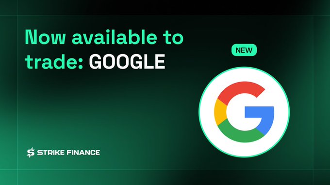 A promotional graphic from Strike Finance with the text 'Now available to trade: GOOGLE' displayed next to the Google logo on a green background.