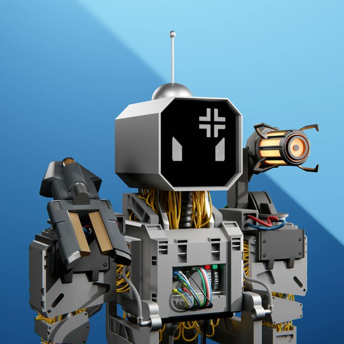 The image features a 3D rendering of an Enforcer robot with its arms raised high above its head. The robot has a futuristic design and appears to be made of metal. It's standing against a blue background, which contrasts nicely with the robot's metallic appearance. The robot is equipped with various weapons, including a gun on its left side and a machine gun on its right side.