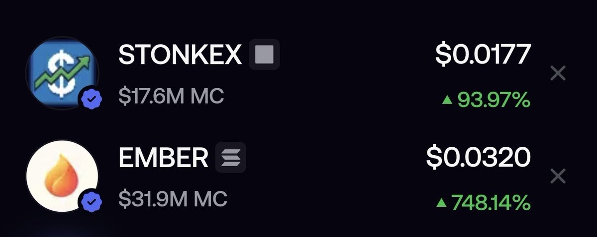 The image shows a crypto price tracker displaying two tokens: STONKEX at $0.0177 (+93.97%) with a $17.6M market cap, and EMBER at $0.0320 (+748.14%) with a $31.9M market cap. The dramatic gains shown on both tokens humorously illustrate the post's joke about volatile crypto markets turning retirement planning into job hunting on the same day.