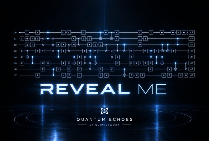 A futuristic blue-toned promotional image for 'QUANTUM ECHOES BY QUIPNETWORK' with the title 'REVEAL ME' displayed above an elaborate circuit-like diagram with q0 through q7 rows.
