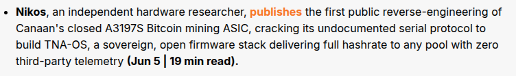 The image shows a gray background with white text that reads "NIKOS, an independent hardware researcher, publishes the first public reverse engineering of ASICS, cracking its underlying security protocols to third party." The text is written in black against a light brown background.