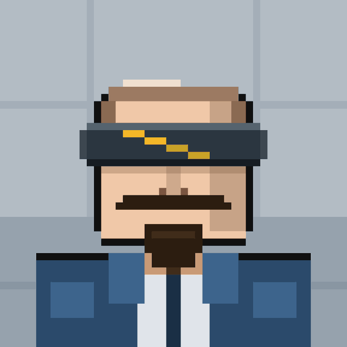 Pixel art portrait of a bearded man wearing a brown hat with a gold band and a blue suit against a light blue background.