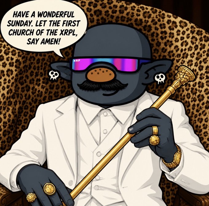 A cartoon character with dark skin, a mustache, skull earrings, and reflective sunglasses labeled 'XRP' sits on a leopard-print chair, saying 'HAVE A WONDERFUL SUNDAY. LET THE FIRST CHURCH OF THE XRPL, SAY AMEN!'