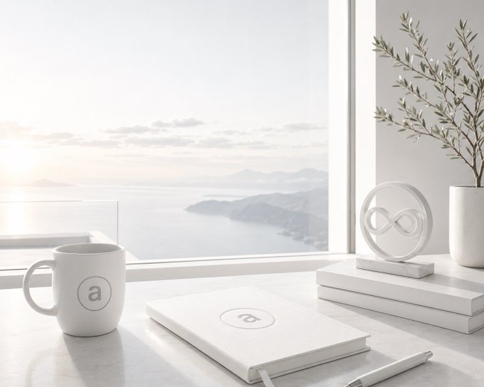 A minimalist white desk setup features a branded mug, notebook, decorative infinity sculpture, and books by a large window overlooking a coastal landscape.