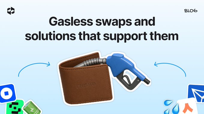 A blog header reading "Gasless swaps and solutions that support them" featuring a wallet labeled "CRYPTO" being squeezed by a gas pump nozzle, visually illustrating the frustration of needing extra gas tokens just to move existing crypto assets.