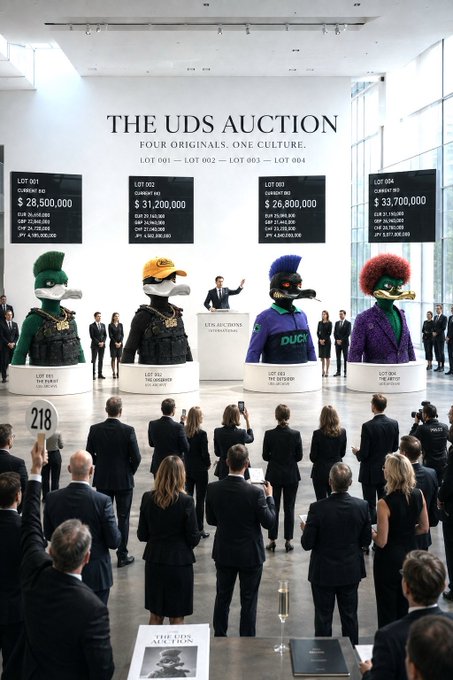 **Caption:** A satirical auction scene titled "THE UDS AUCTION — FOUR ORIGINALS. ONE CULTURE" displays four duck-themed lots (001–004) with prices ranging from $26,800,000 to $33,700,000, surrounded by tuxedo-clad bidders holding paddles, mocking the speculative frenzy around NFT collectibles.

**Connection to the post:** The image ironically exaggerates the post's commentary about duck NFTs by depicting them as multi-million-dollar auction lots, visually humorizing the author's observation of minting 6 more ducks at $100 each and speculating about their post-mint-out value.