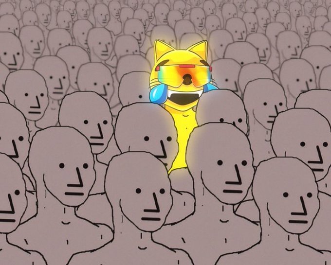 A cartoon illustration shows a yellow Shiba Inu dog wearing orange sunglasses and a blue headset, standing out among a massive crowd of identical grey faceless figures.