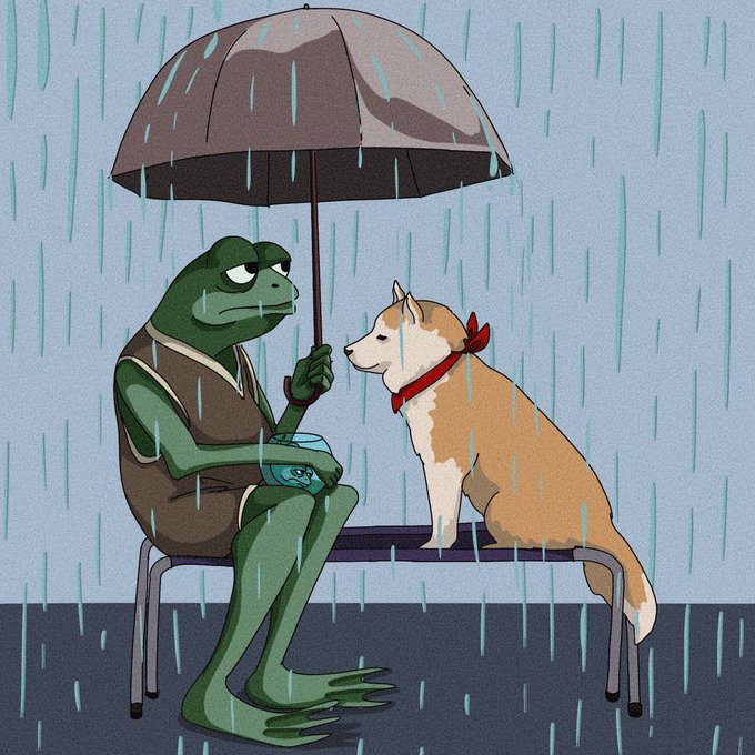 A whimsical cartoon illustration showing Pepe the Frog holding an umbrella over a Shiba Inu dog while both sit on a bench in the rain.