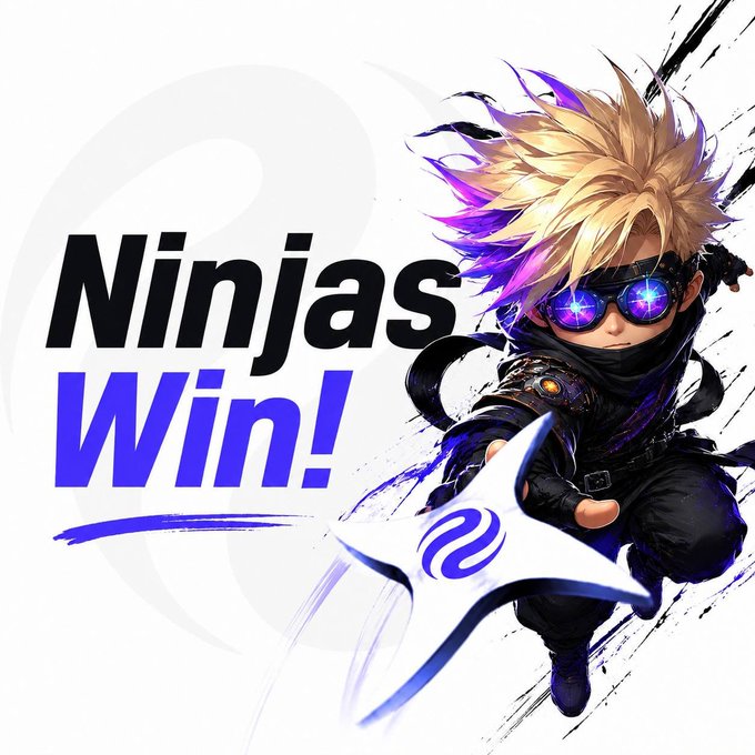 A stylized anime ninja character with spiky blonde and purple hair, glowing purple sunglasses, and a throwing star appears alongside bold text reading "Ninjas Win!" The image ties into the post's theme by promoting the Community Buyback whitelist, highlighting the Ninja Pass as a key qualification for selection.
