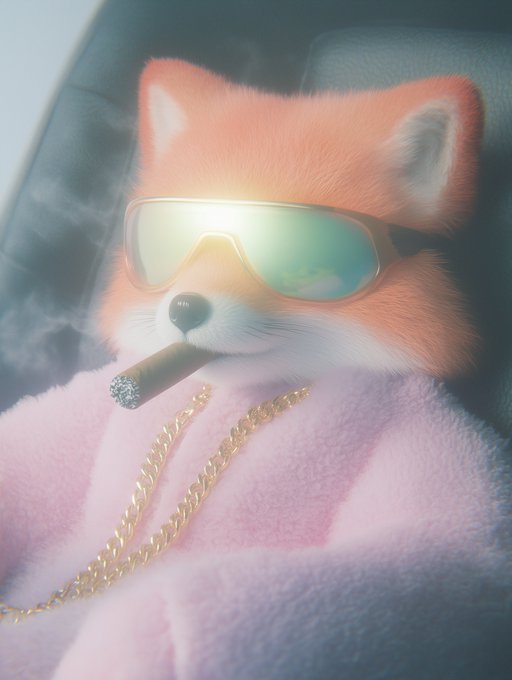 A stylized red panda with oversized reflective sunglasses, a chunky gold chain, and a lit cigar leans back in a plush seat, wrapped in a pink fuzzy robe — exuding pure "main character" energy that perfectly matches the "how it feels" vibe of unbothered luxury.