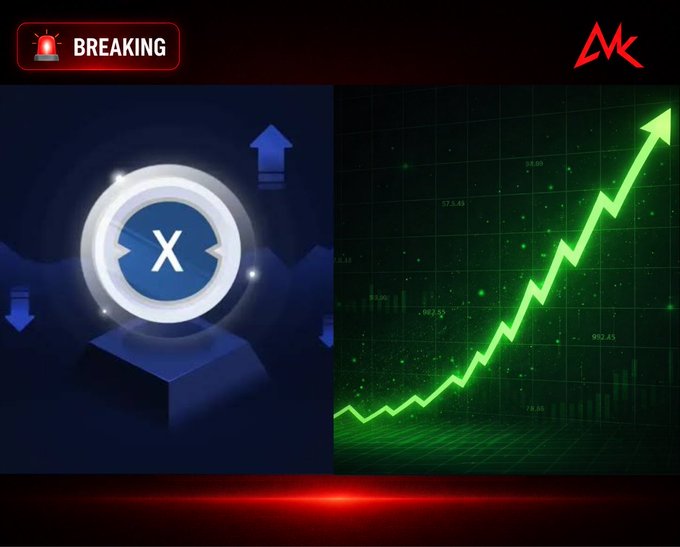 A news-style graphic with a 'BREAKING' banner features the XRP cryptocurrency logo on the left and a sharply rising green stock chart arrow on the right, suggesting bullish market movement.
