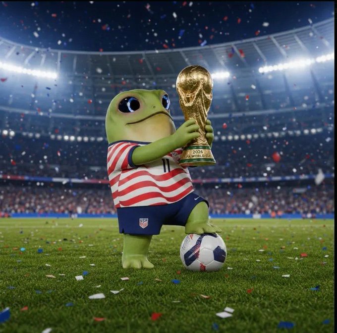 A green frog mascot wearing a USA red, white, and blue striped jersey holding the FIFA World Cup trophy inscribed with '2026 FIFA WORLD CUP' while standing on a soccer ball in a stadium filled with confetti.