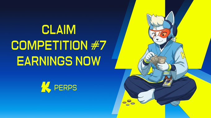A promotional banner for K-PERPS announces "CLAIM COMPETITION #7 EARNINGS NOW" against a blue and yellow background featuring an anthropomorphic fox character holding cards, with scattered coins at his feet—visually reinforcing the message that rewards from their seventh trading competition are ready to be claimed.