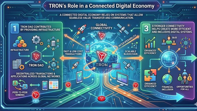 The image features a colorful infographic explaining the role of TronDAO in a connected digital economy. It provides information about the network, software, protocols, and infrastructure needed for seamless value transfer and communication across global networks. The text accompanying the illustration highlights the importance of TRON DAO's contribution to creating a connected digital economy by supporting decentralized transactions and applications within this ecosystem.