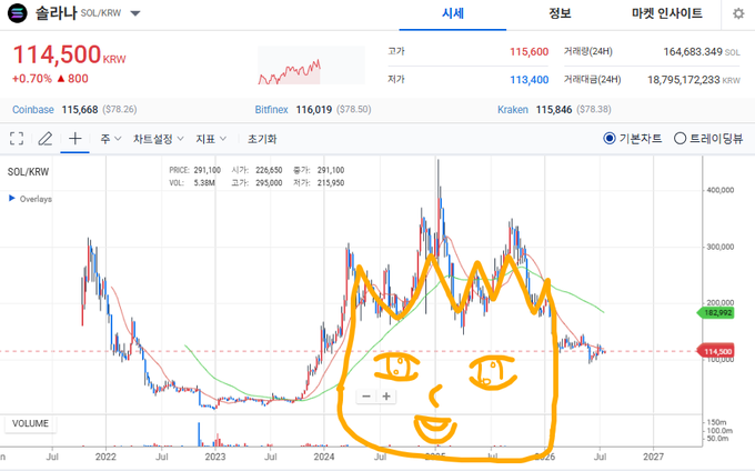 Trading chart for SOL/KRW (Solana) showing a current price of 114,500 KRW with a doodled smiley face drawn on the chart area; data sourced from Coinbase, Bitfinex, and Kraken.